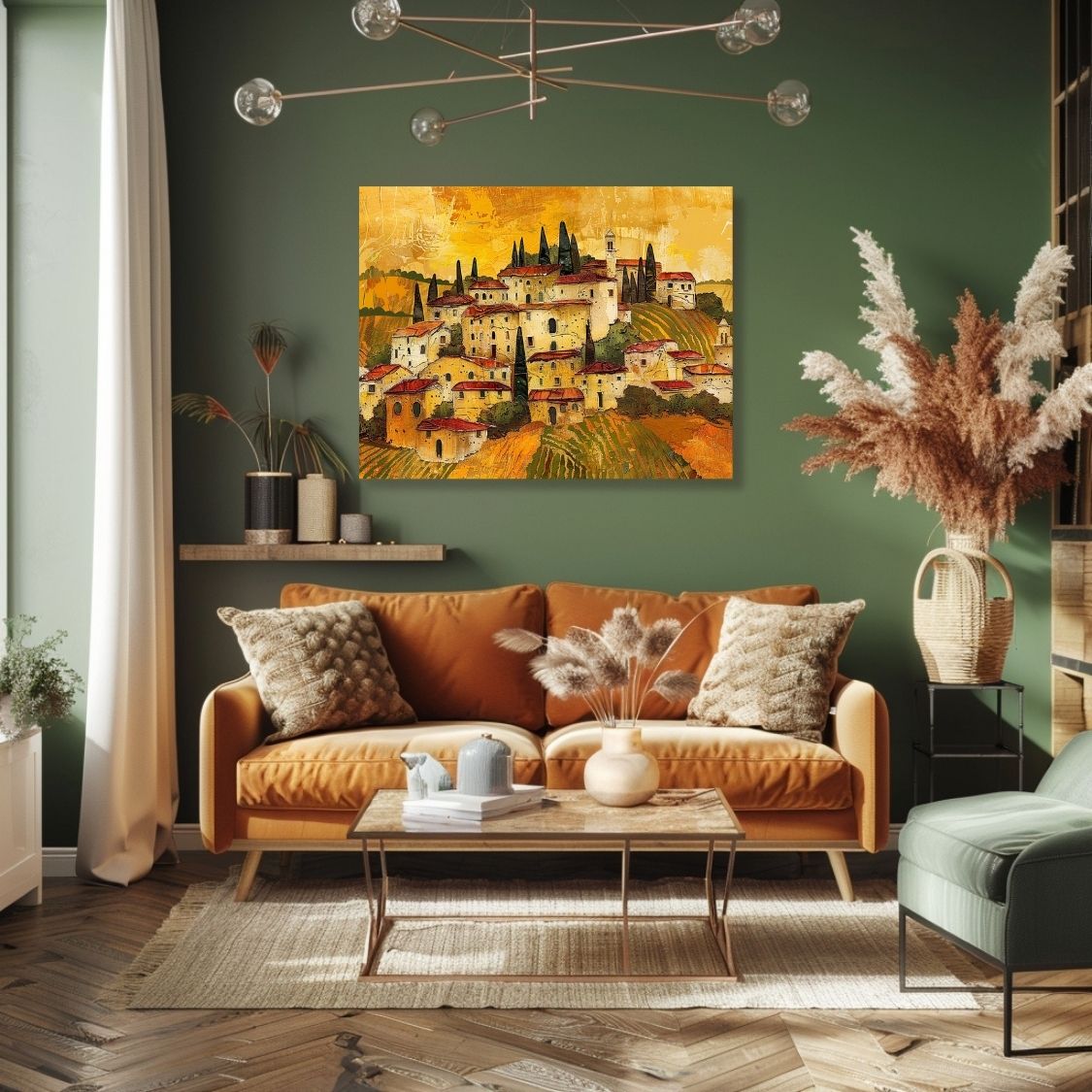 Poster wall art showing 'Tuscan Tapestry - Impasto Painting of a Village' in a green living room