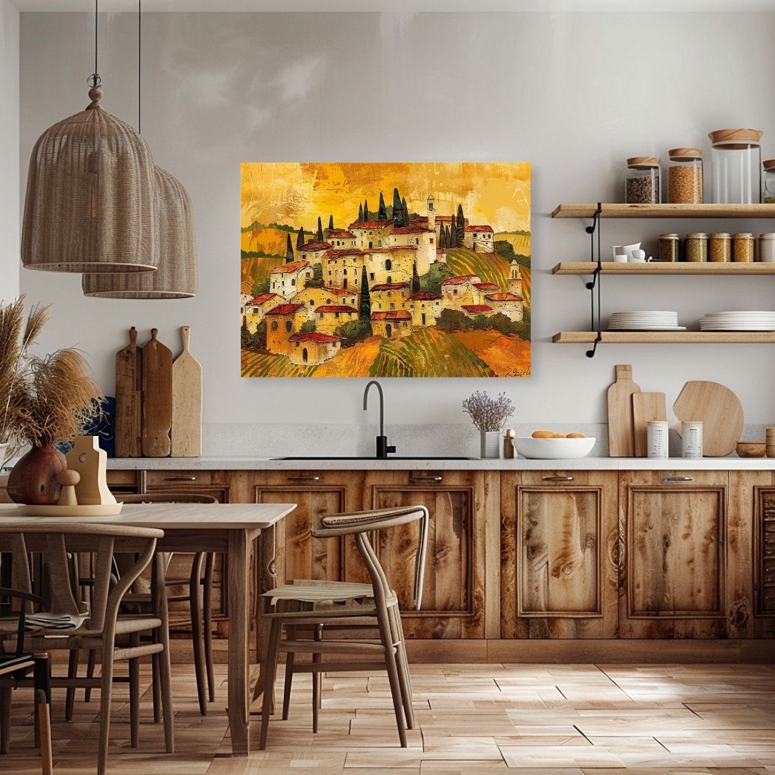 Poster wall art showing 'Tuscan Tapestry - Impasto Painting of a Village' in a kitchen