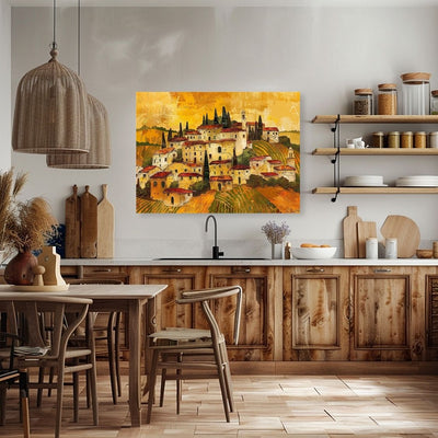 Poster wall art showing 'Tuscan Tapestry - Impasto Painting of a Village' in a kitchen