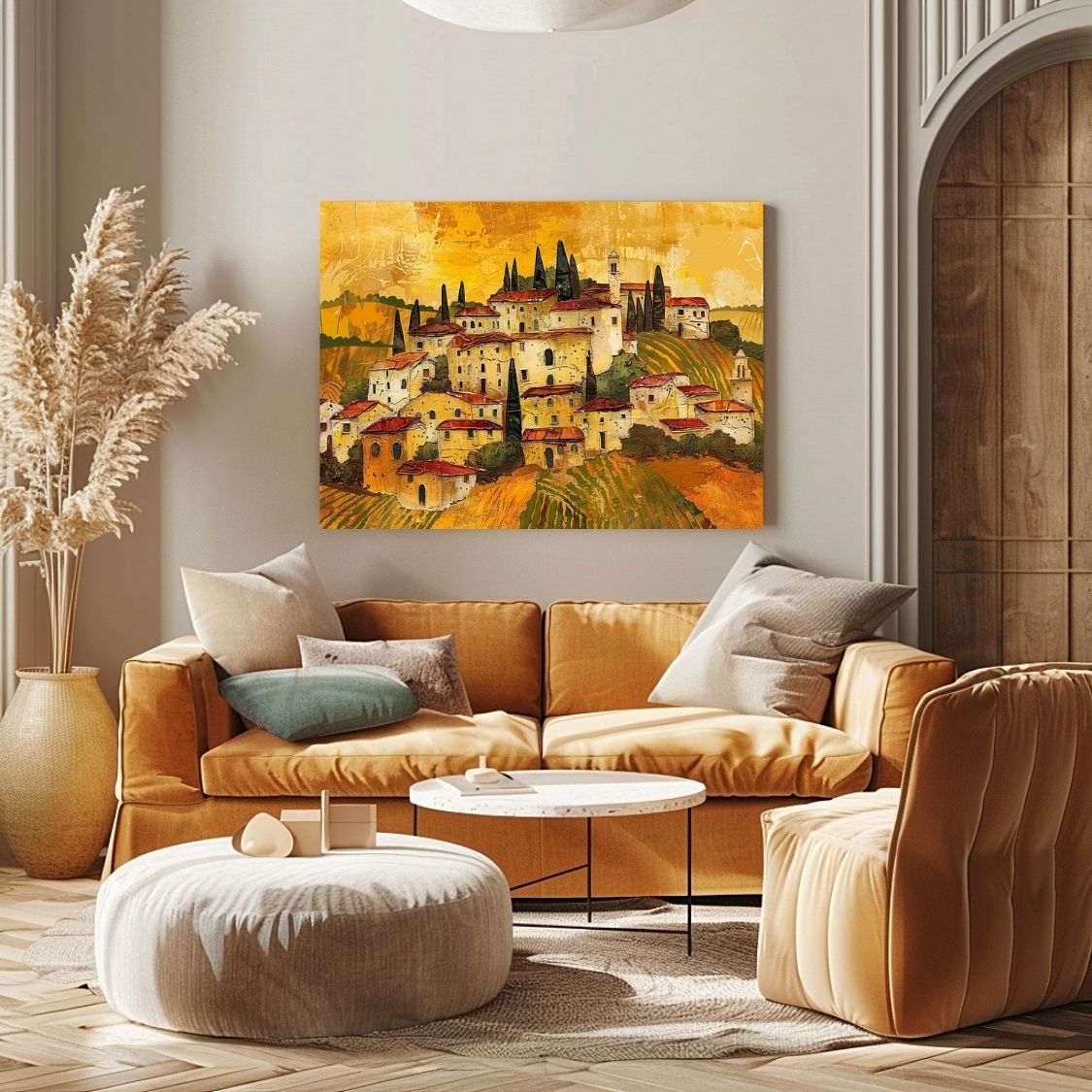 Poster wall art showing 'Tuscan Tapestry - Impasto Painting of a Village' in a living room