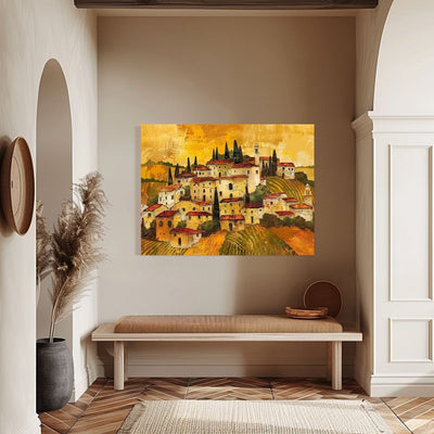 Poster wall art showing 'Tuscan Tapestry - Impasto Painting of a Village' in an entryway