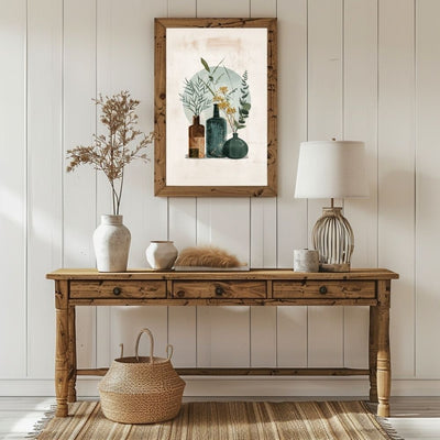 Poster wall art showing 'Abstract Earth – Minimalist Boho Florals in Vases' in a hallway