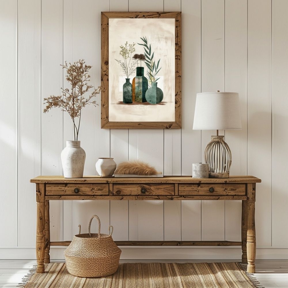 Poster wall art showing 'Art of Boho Simplicity – Floral and Greenery Vases' in a hallway