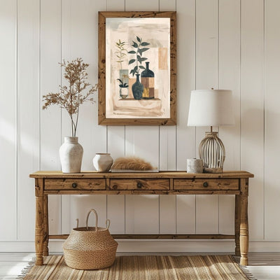 Poster wall art showing 'Boho Botanicals – Minimalist Greenery in Vase' in a hallway