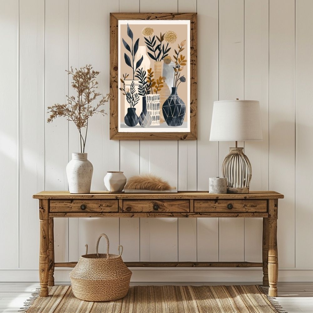 Poster wall art showing 'Floral Serenity – Boho Minimalist in Natural Tones' in a hallway