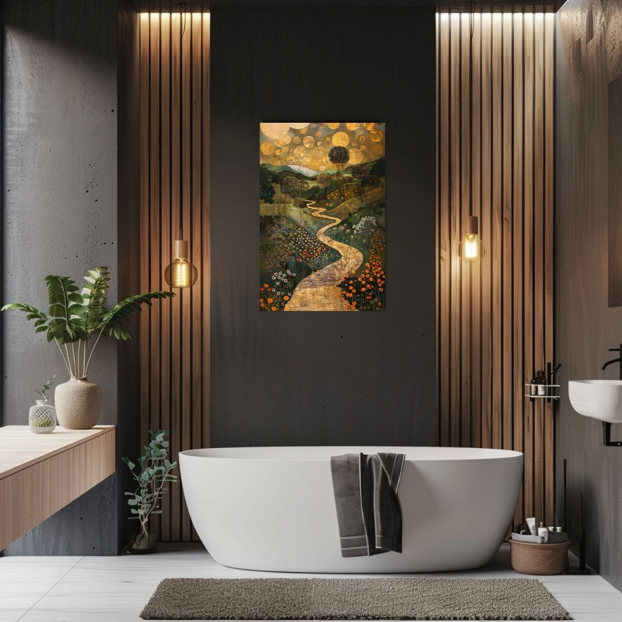 Poster wall art showing 'Golden Landscape - A River's Path Through a Surreal Floral Valley' in a bathroom