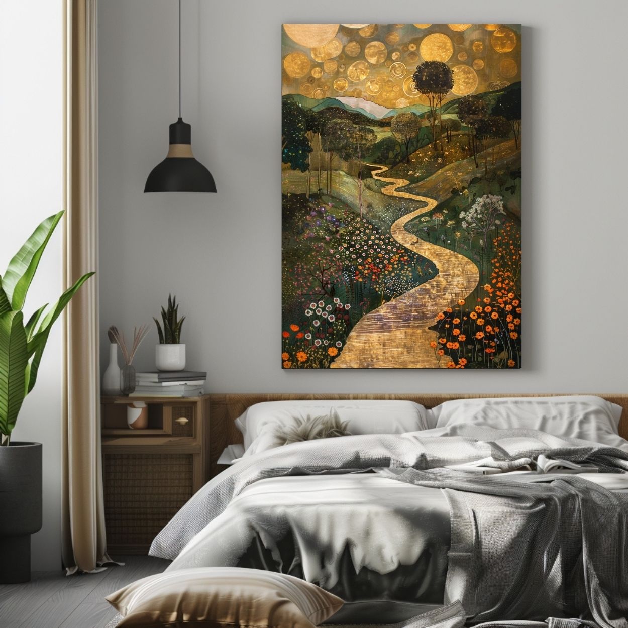 Poster wall art showing 'Golden Landscape - A River's Path Through a Surreal Floral Valley' in a bedroom