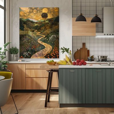 Poster wall art showing 'Golden Landscape - A River's Path Through a Surreal Floral Valley' in a kitchen