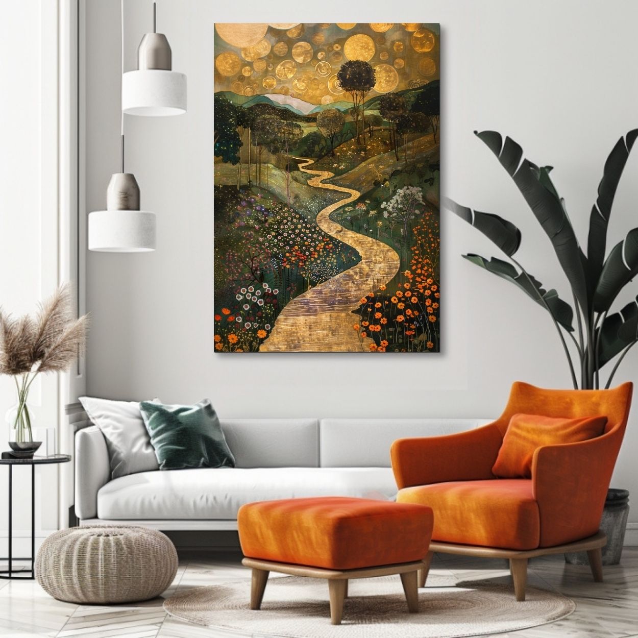 Poster wall art showing 'Golden Landscape - A River's Path Through a Surreal Floral Valley' in a white living room