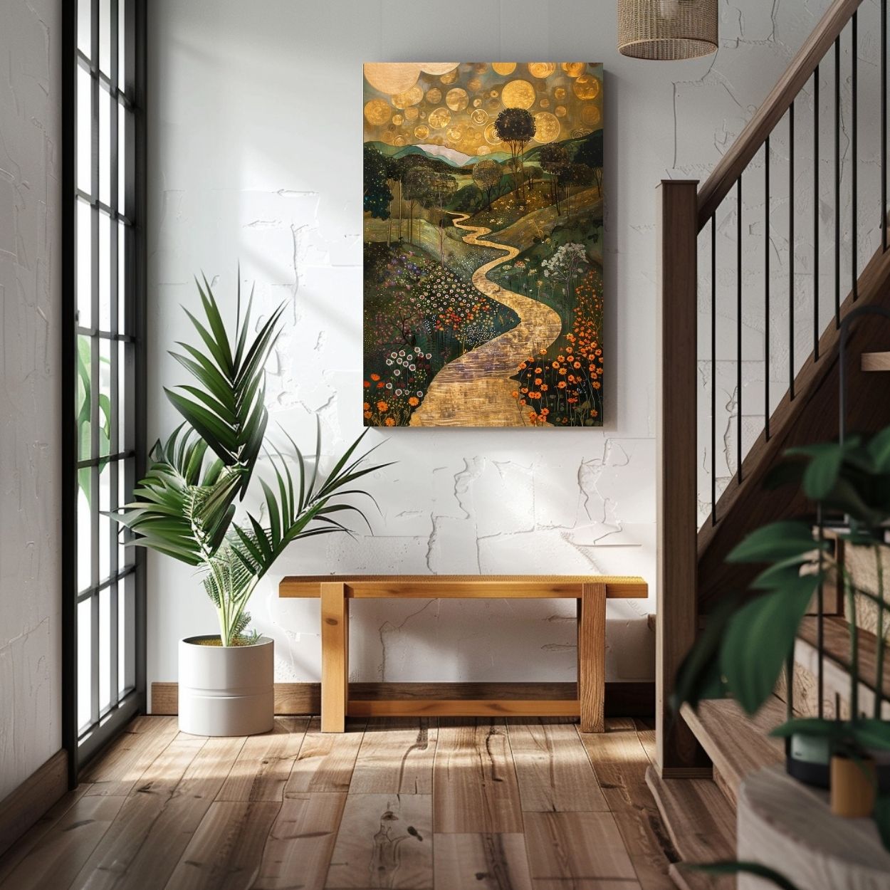 Poster wall art showing 'Golden Landscape - A River's Path Through a Surreal Floral Valley' in an entryway