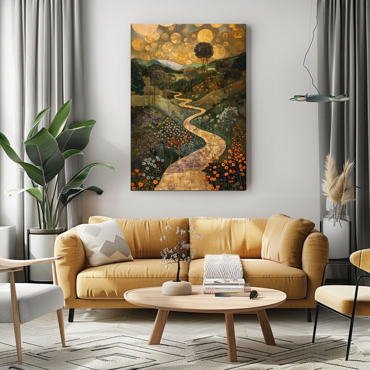 Poster wall art showing 'Golden Landscape - A River's Path Through a Surreal Floral Valley' in an ochre living room