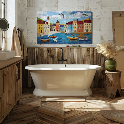 Poster wall art showing 'Harbor Hues - Summer Seaside Art' in a bathroom