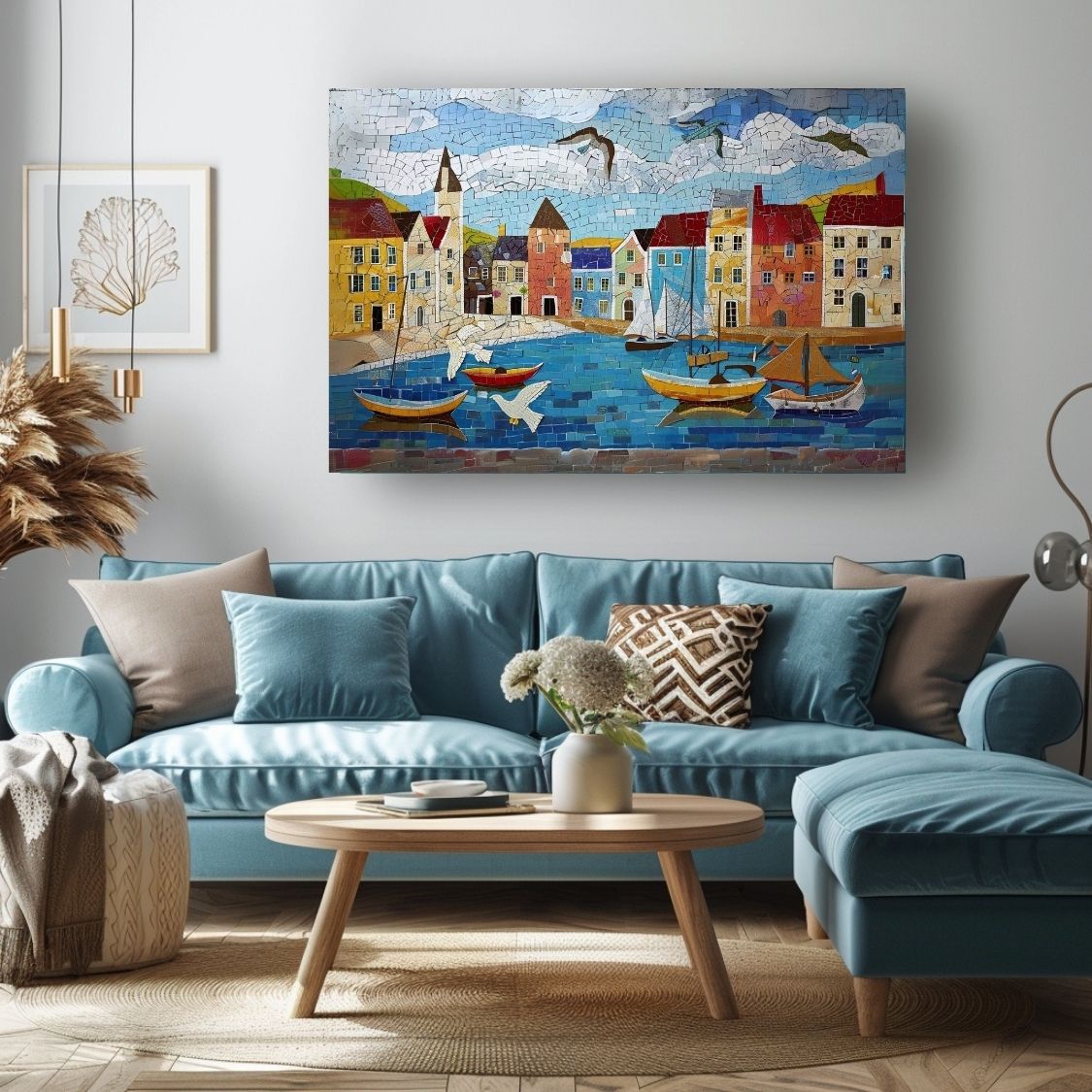 Poster wall art showing 'Harbor Hues - Summer Seaside Art' in a blue living room