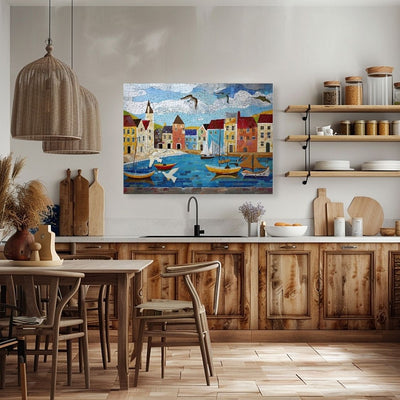 Poster wall art showing 'Harbor Hues - Summer Seaside Art' in a kitchen