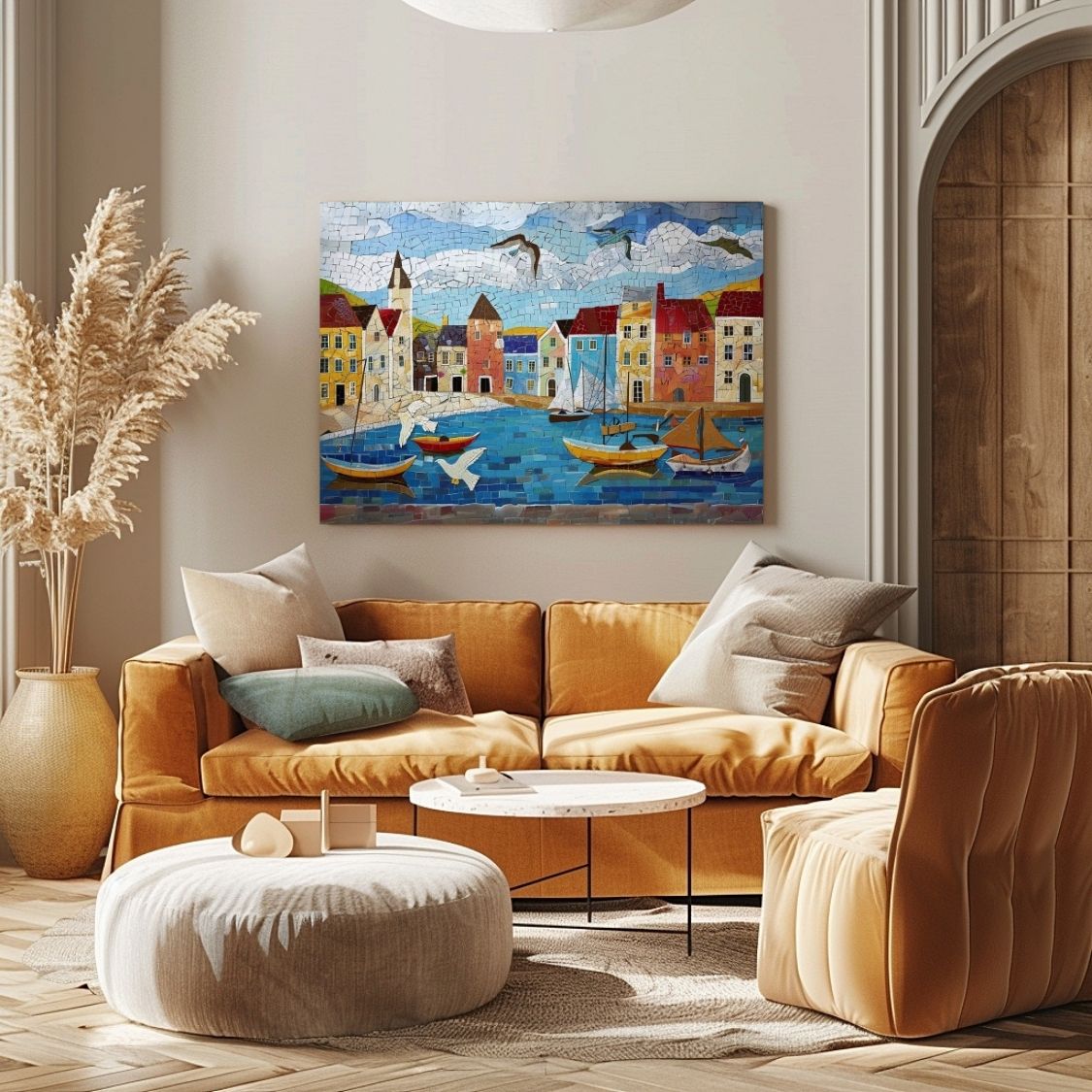 Poster wall art showing 'Harbor Hues - Summer Seaside Art' in a living room