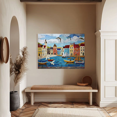 Poster wall art showing 'Harbor Hues - Summer Seaside Art' in an entryway