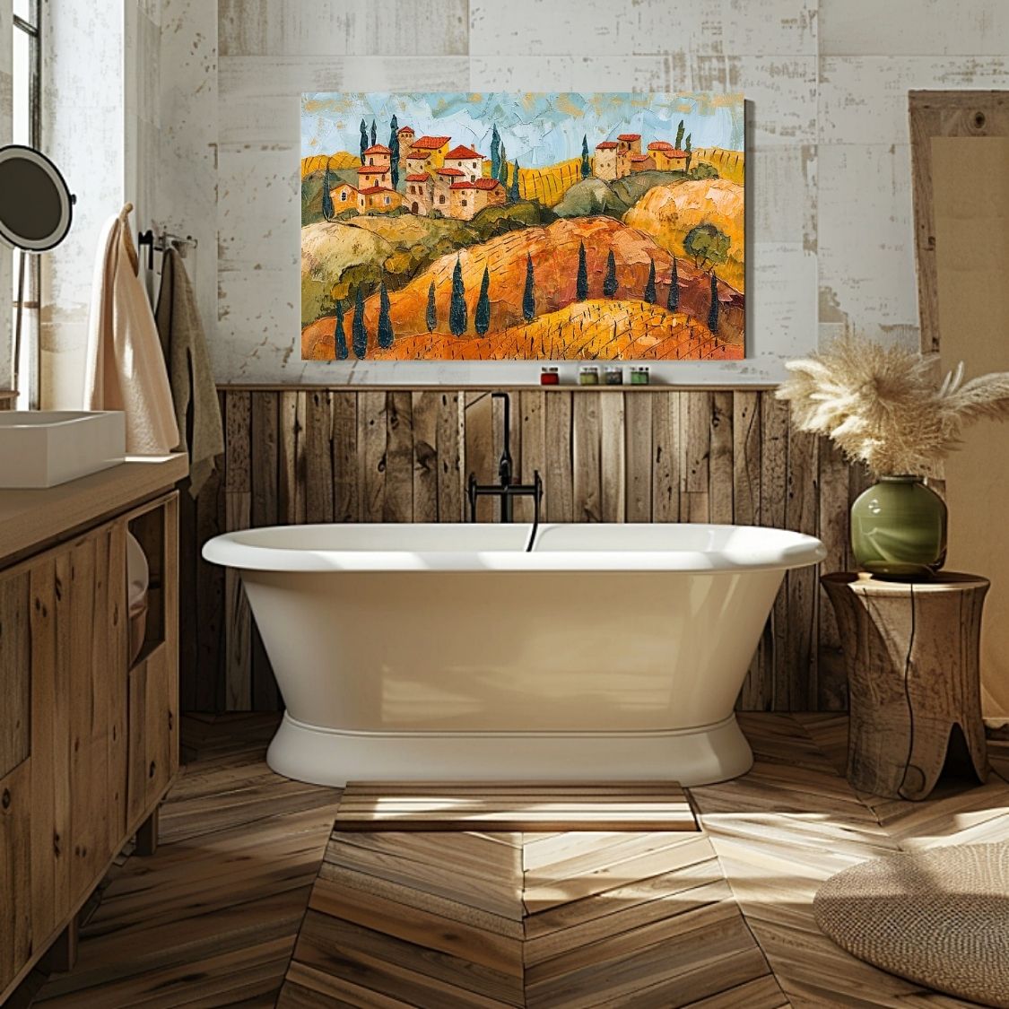 Poster wall art showing 'Hillside Harvest - Tuscan Vineyards in Impasto' in a bathroom