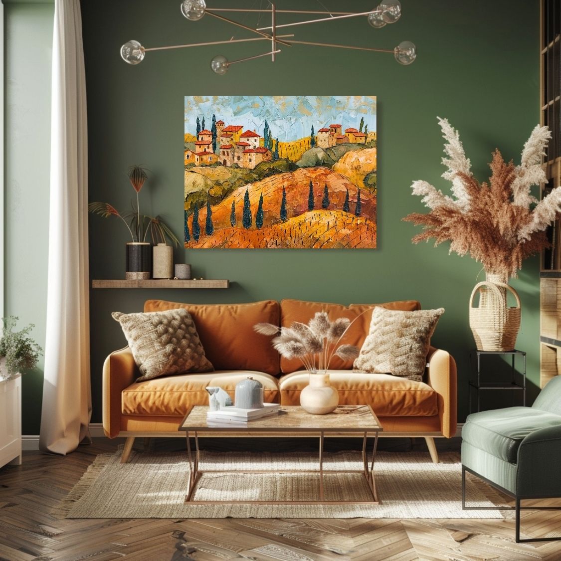 Poster wall art showing 'Hillside Harvest - Tuscan Vineyards in Impasto' in a green living room