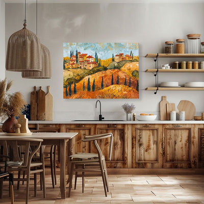 Poster wall art showing 'Hillside Harvest - Tuscan Vineyards in Impasto' in a kitchen