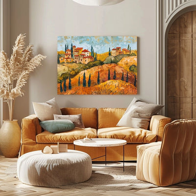 Poster wall art showing 'Hillside Harvest - Tuscan Vineyards in Impasto' in a living room