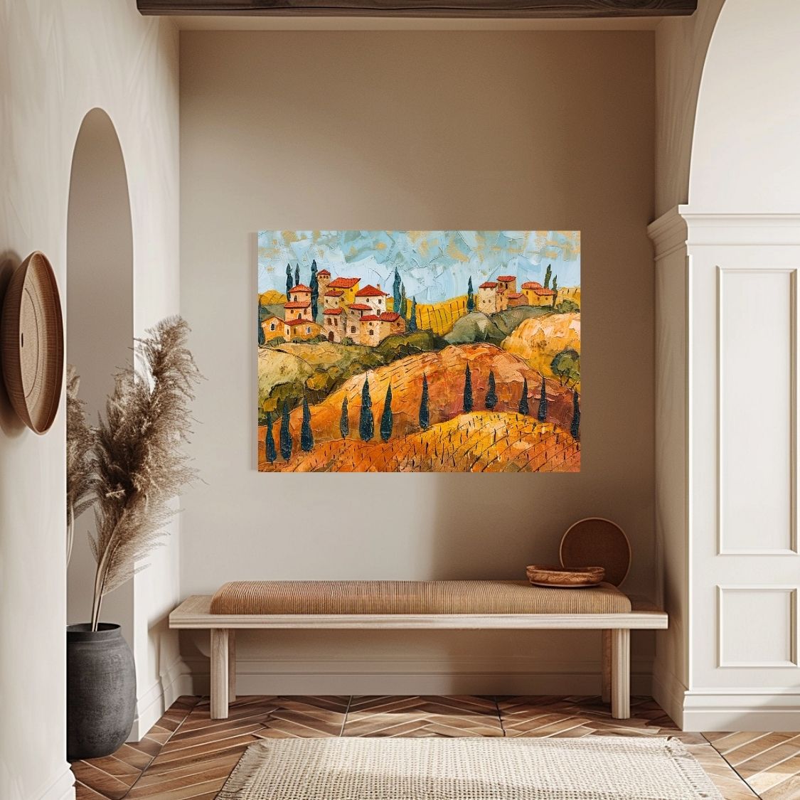 Poster wall art showing 'Hillside Harvest - Tuscan Vineyards in Impasto' in an entryway