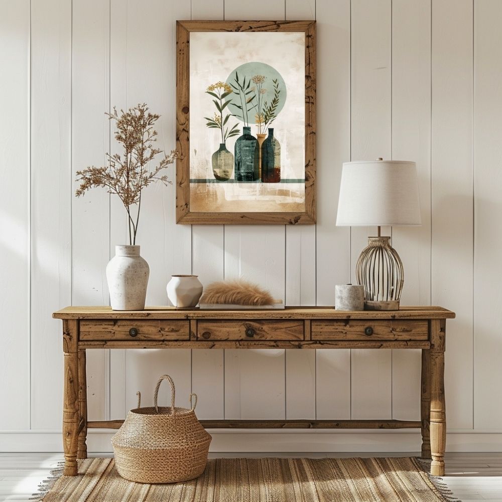 Poster wall art showing 'Natural Boho Minimalism – Floral Vase Artwork' in a hallway