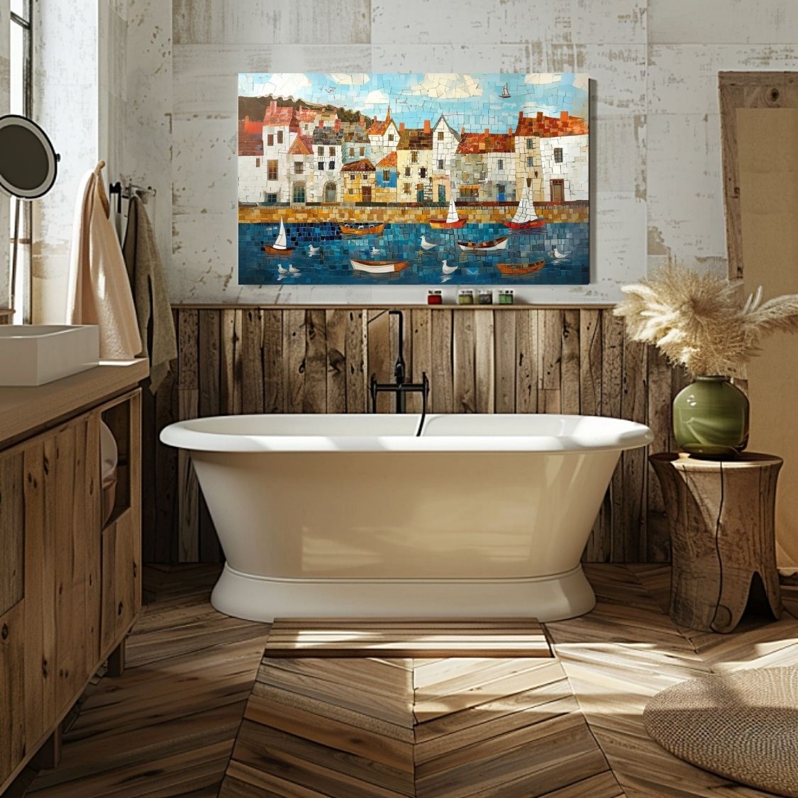 Poster wall art showing 'Nautical Mosaic - Fishing Village Artwork' in a bathroom