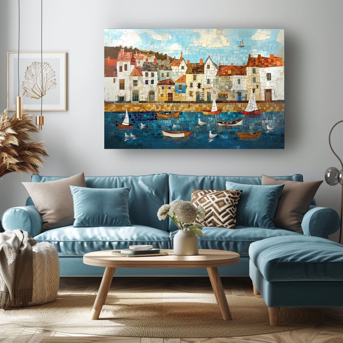 Poster wall art showing 'Nautical Mosaic - Fishing Village Artwork' in a blue living room