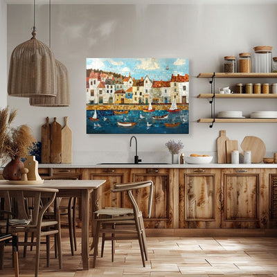 Poster wall art showing 'Nautical Mosaic - Fishing Village Artwork' in a kitchen