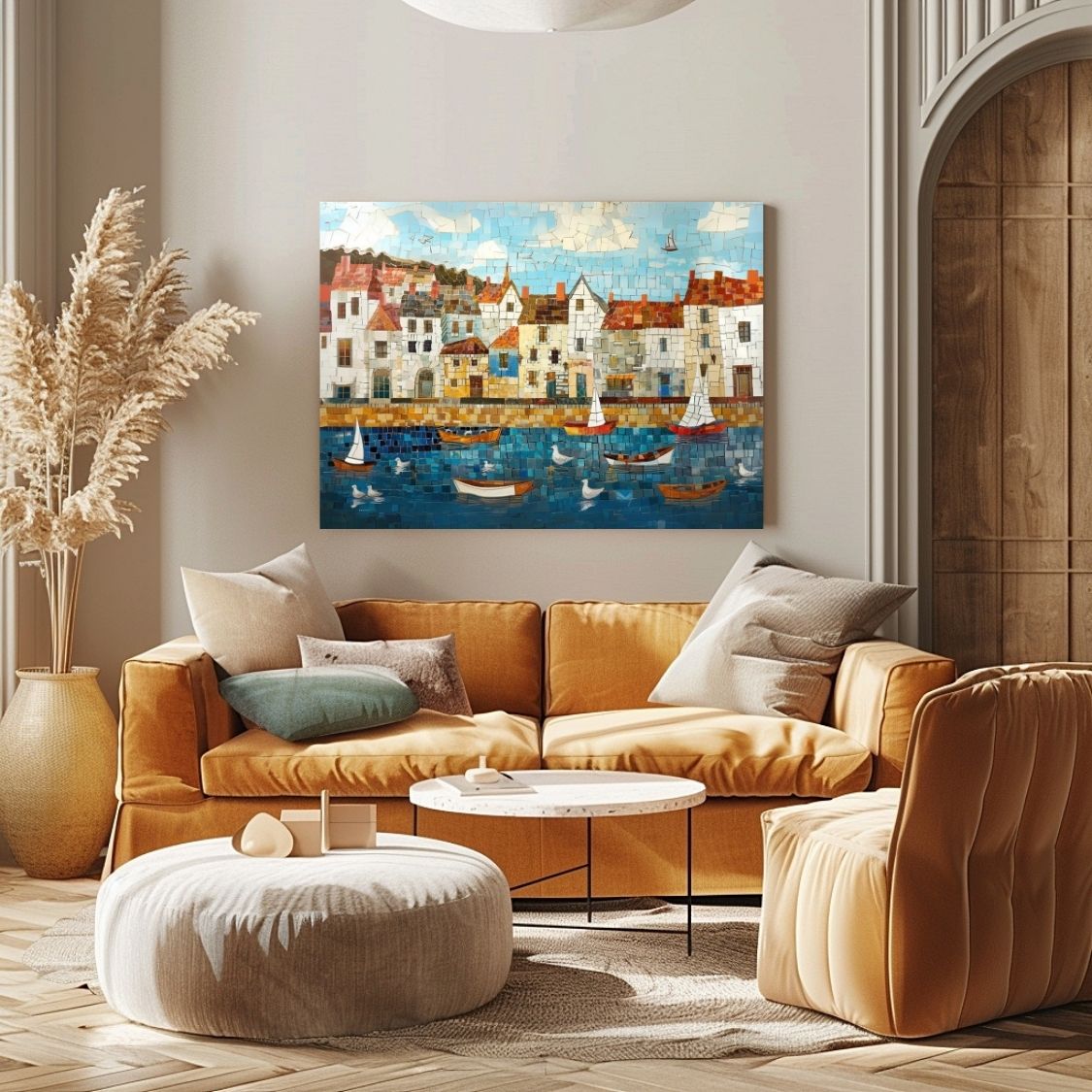 Poster wall art showing 'Nautical Mosaic - Fishing Village Artwork' in a living room