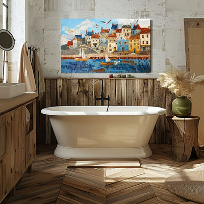 Poster wall art showing 'Seaside Serenity - Coastal Village Mosaic' in a bathroom