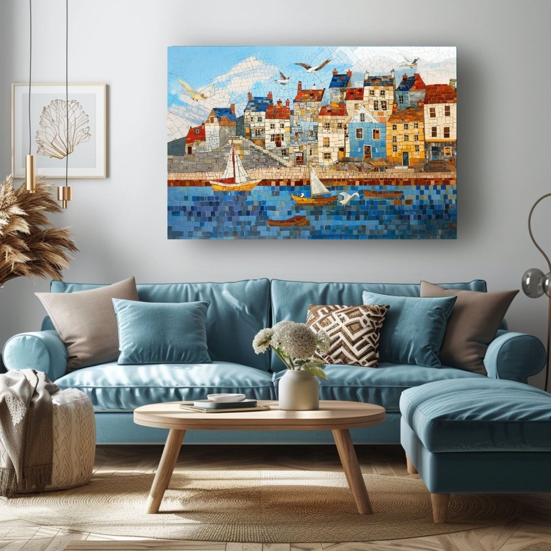 Poster wall art showing 'Seaside Serenity - Coastal Village Mosaic' in a blue living room