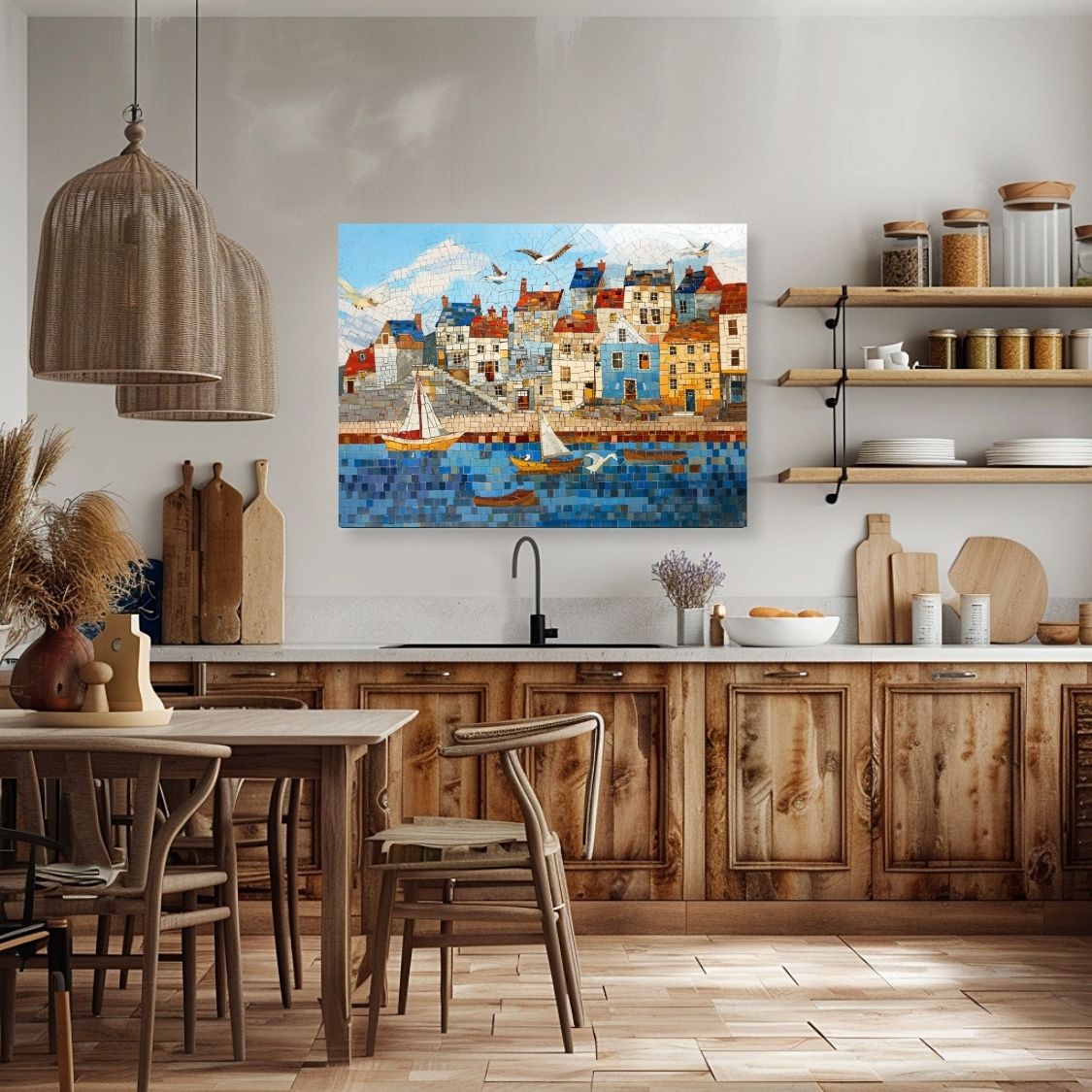 Poster wall art showing 'Seaside Serenity - Coastal Village Mosaic' in a kitchen