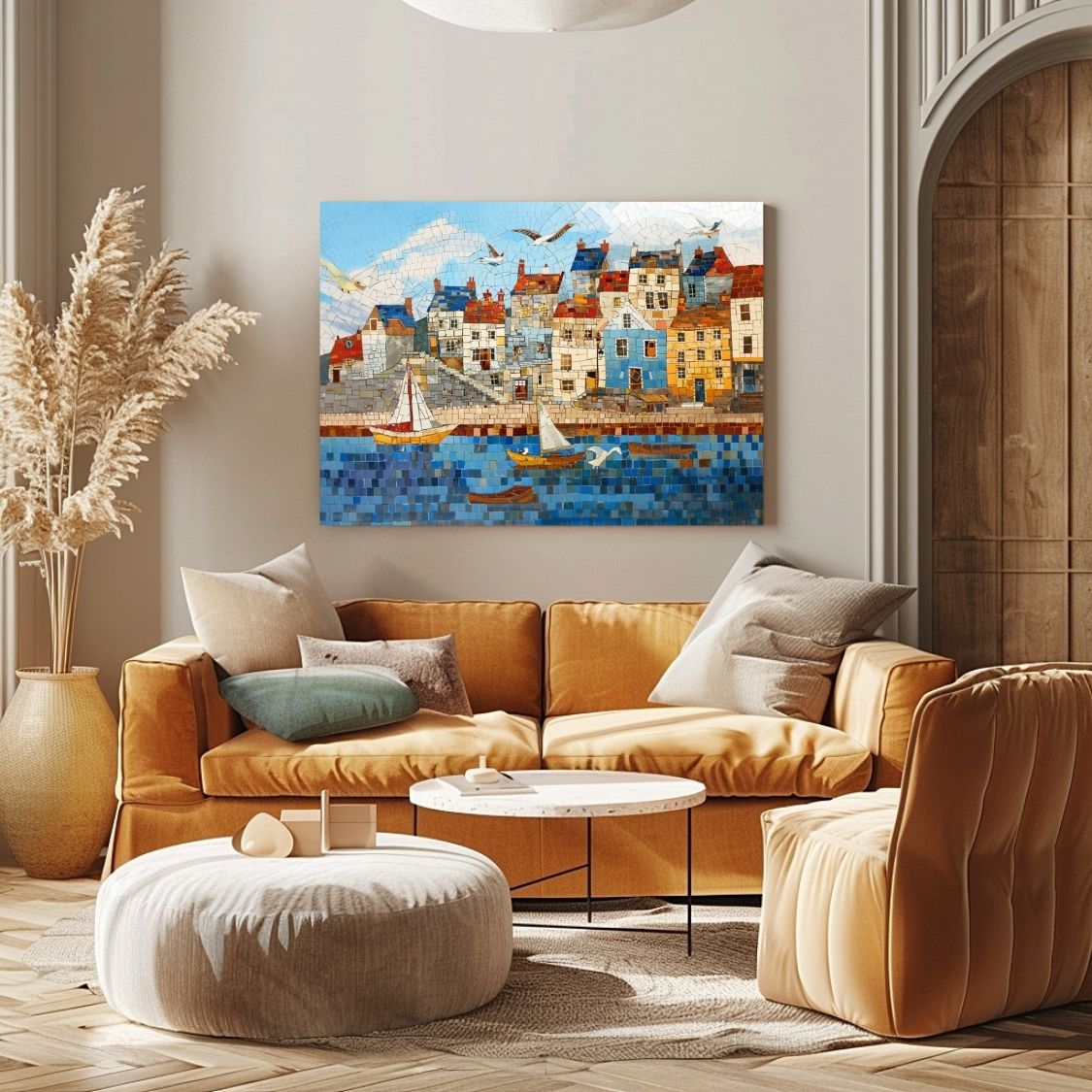 Poster wall art showing 'Seaside Serenity - Coastal Village Mosaic' in a living room