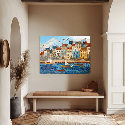 Poster wall art showing 'Seaside Serenity - Coastal Village Mosaic' in an entryway