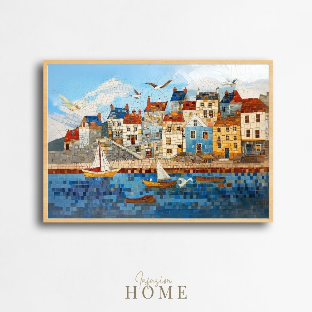 Poster wall art showing 'Seaside Serenity - Coastal Village Mosaic'