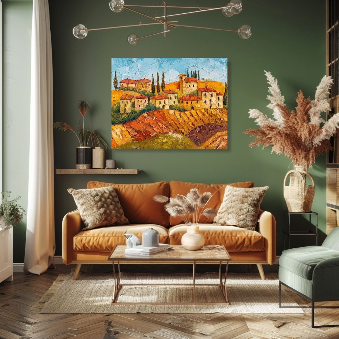 Poster wall art showing 'Siena Sunsets - Textured Style Tuscan Village' in a green living room