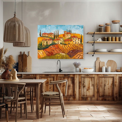 Poster wall art showing 'Siena Sunsets - Textured Style Tuscan Village' in a kitchen