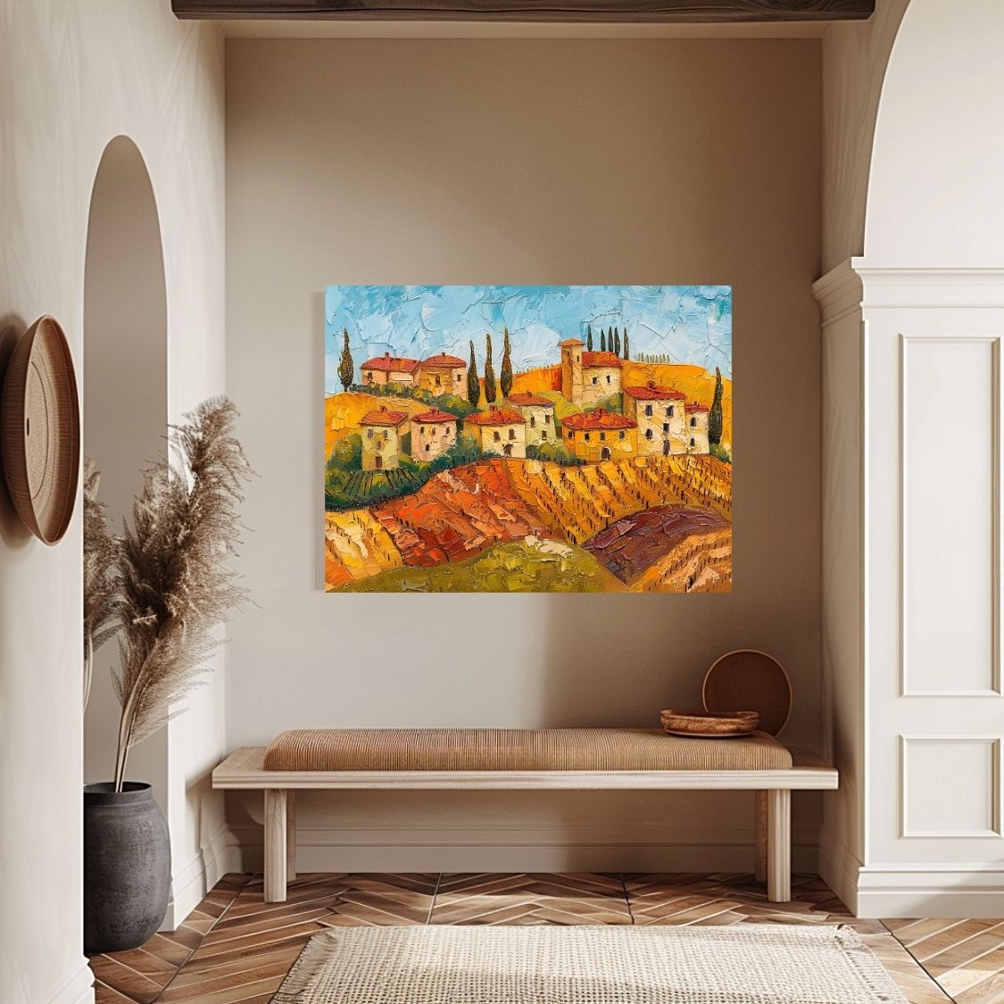 Poster wall art showing 'Siena Sunsets - Textured Style Tuscan Village' in an entryway