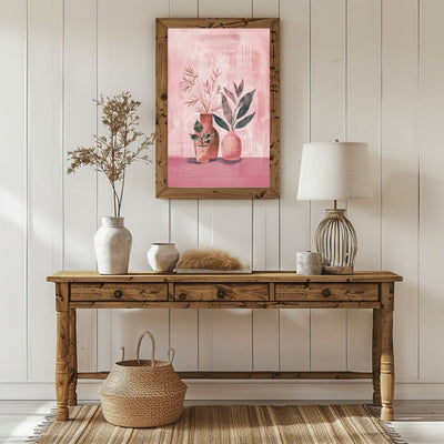 Poster wall art showing 'Simplistic Florals in Vases – Boho Art in Pink Hues' in a hallway