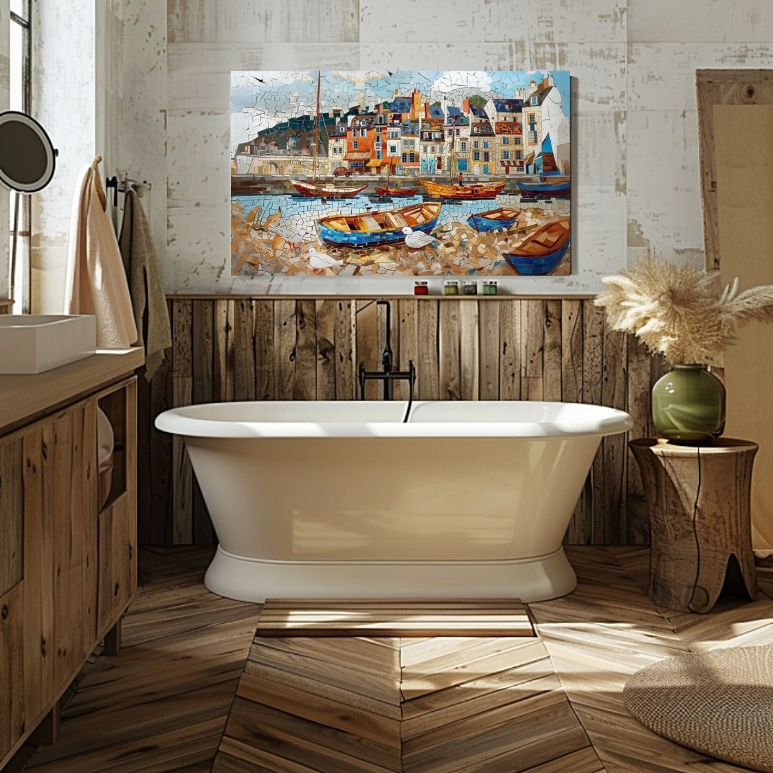 Poster wall art showing 'Summer by the Shore - Vintage Boats' in a bathroom