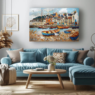 Poster wall art showing 'Summer by the Shore - Vintage Boats' in a blue living room