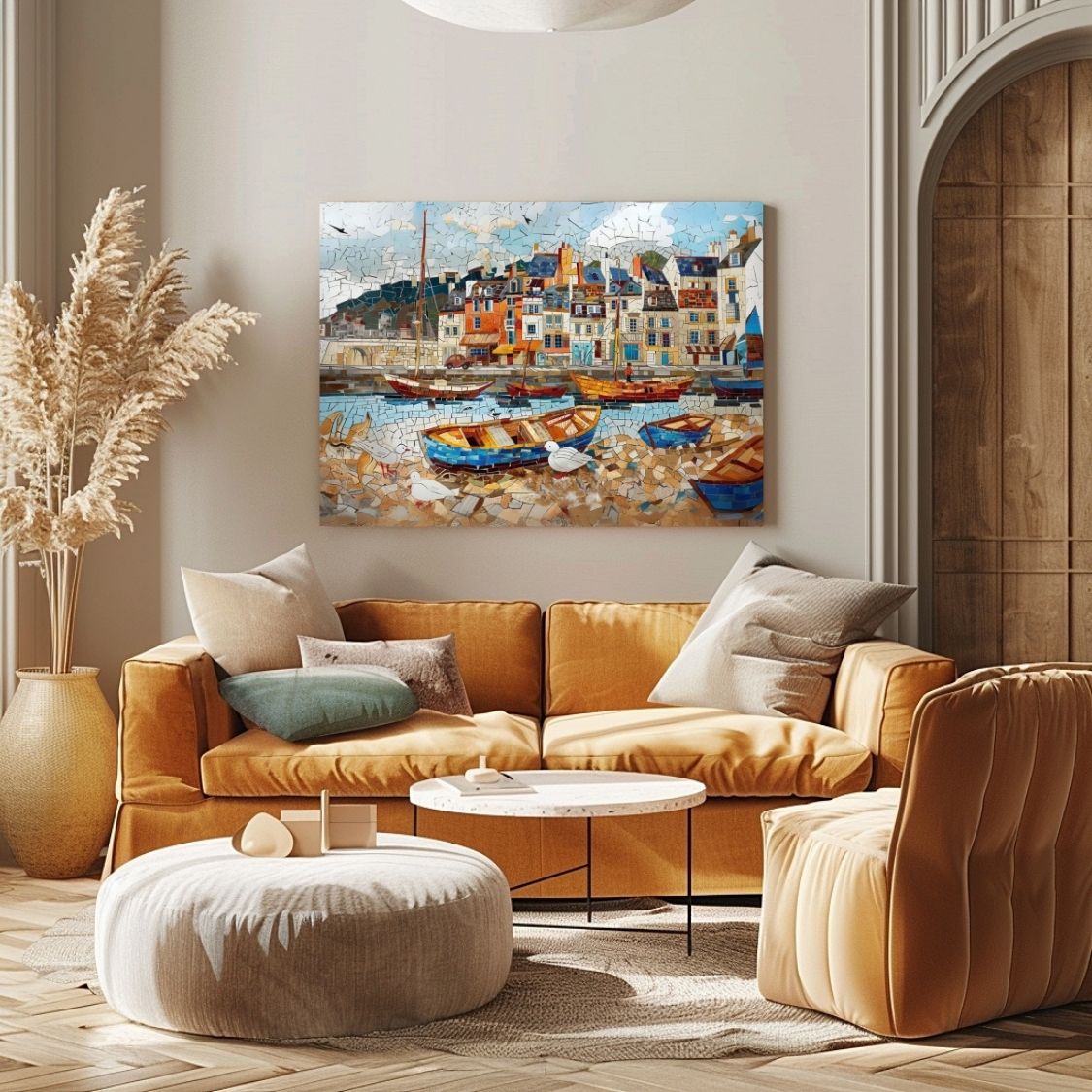 Poster wall art showing 'Summer by the Shore - Vintage Boats' in a living room