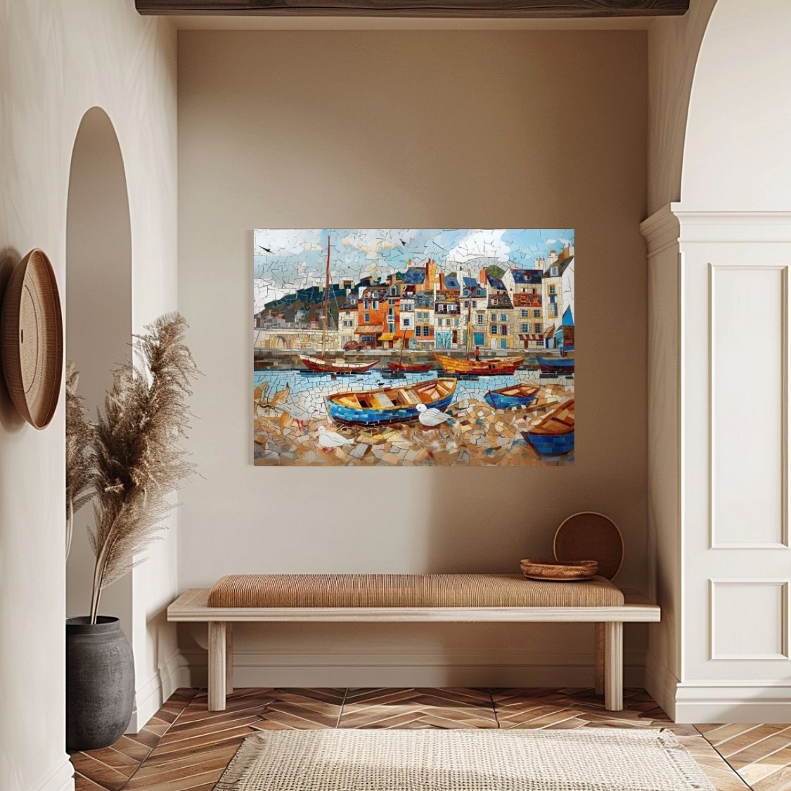 Poster wall art showing 'Summer by the Shore - Vintage Boats' in an entryway