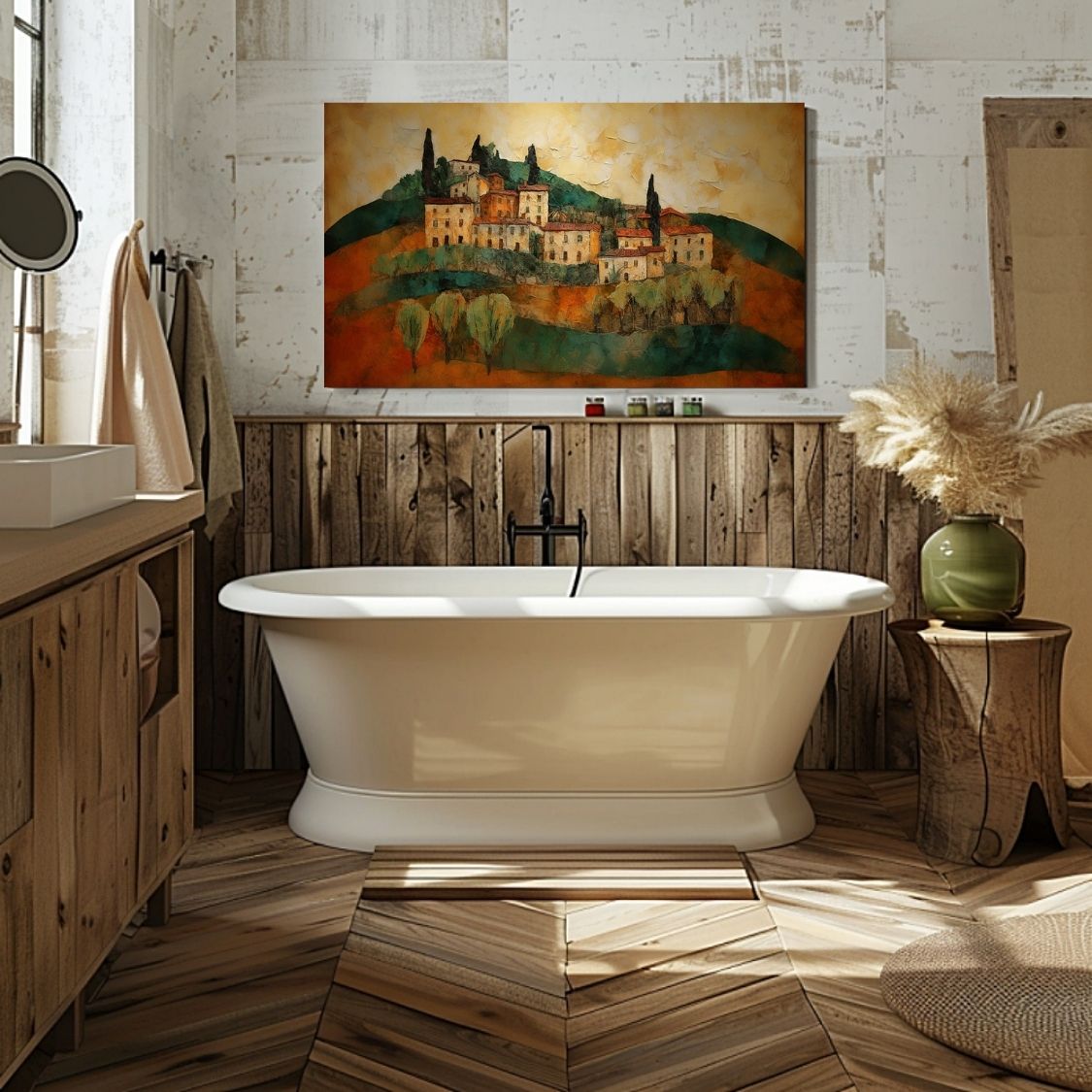 Poster wall art showing 'Sunbaked Sienna - Impasto Tuscan Houses' in a bathroom