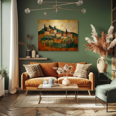 Poster wall art showing 'Sunbaked Sienna - Impasto Tuscan Houses' in a green living room