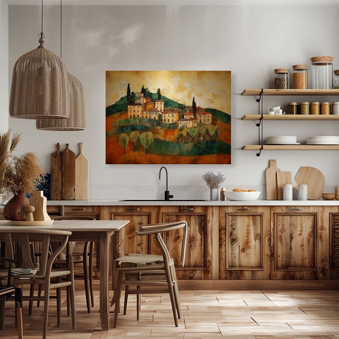 Poster wall art showing 'Sunbaked Sienna - Impasto Tuscan Houses' in a kitchen