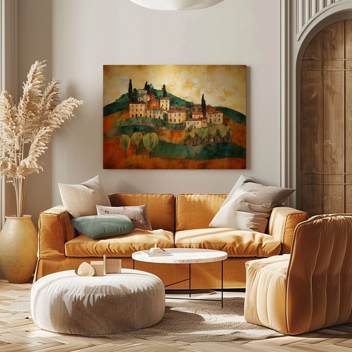 Poster wall art showing 'Sunbaked Sienna - Impasto Tuscan Houses' in a living room