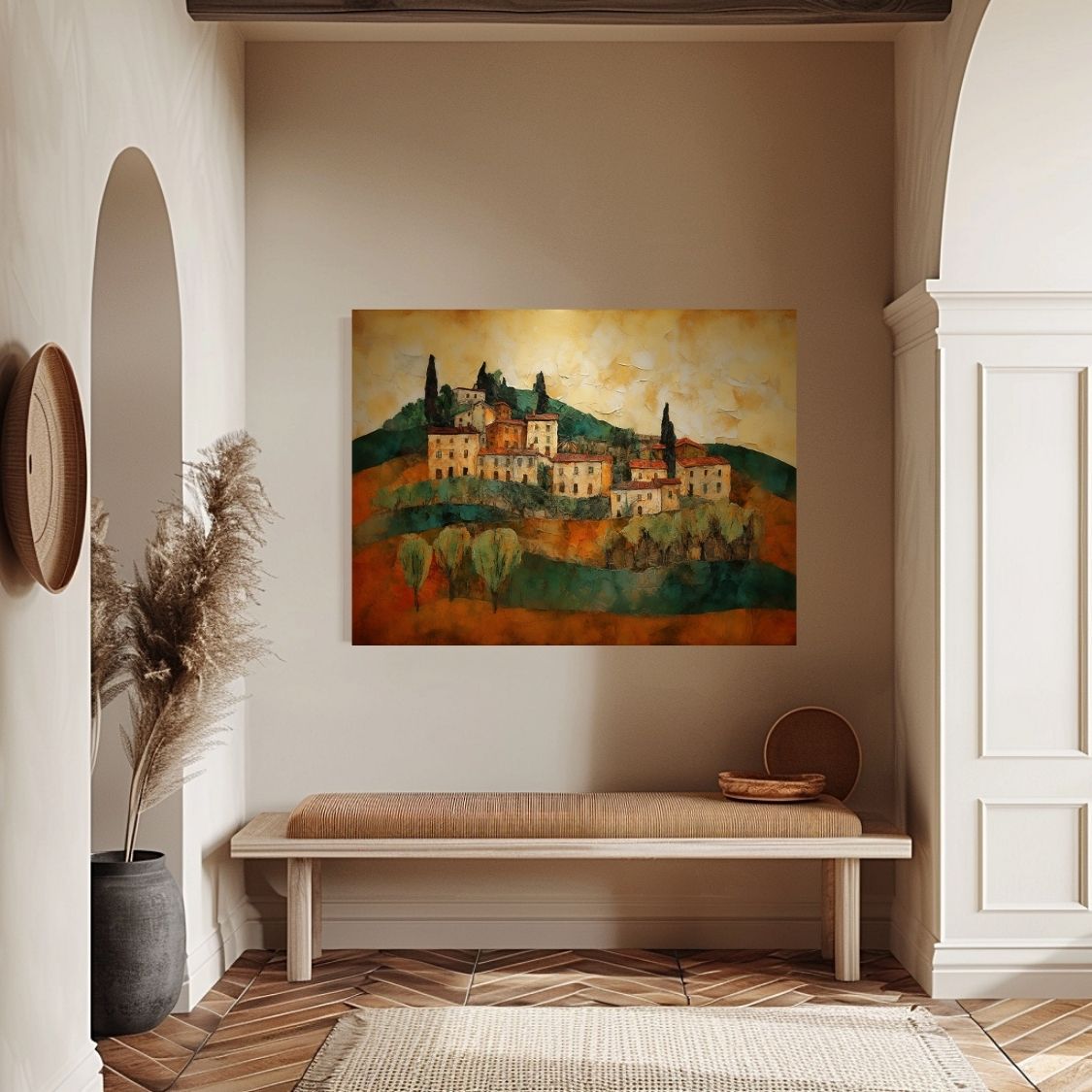 Poster wall art showing 'Sunbaked Sienna - Impasto Tuscan Houses' in an entryway