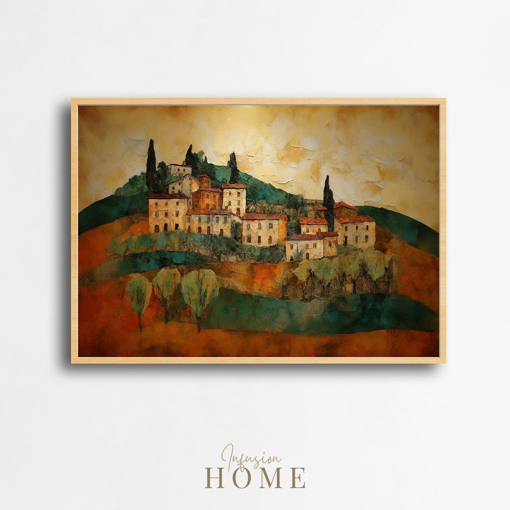 Poster wall art showing 'Sunbaked Sienna - Impasto Tuscan Houses'